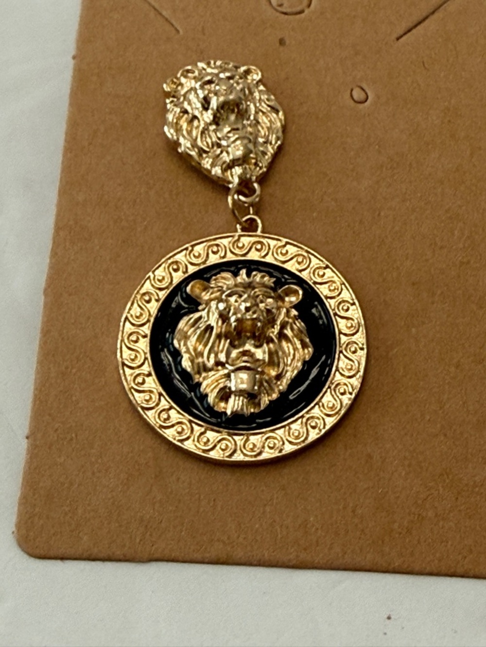 Gold Lion Head Medallion Earrings Black Enamel Statement Drop - Picture 2 of 13
